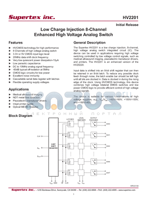 HV2201B1-G datasheet - Low Charge Injection 8-Channel Enhanced High Voltage Analog Switch