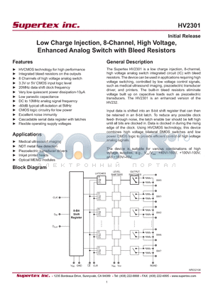 HV2301B1-G datasheet - Low Charge Injection, 8-Channel, High Voltage, Enhanced Analog Switch with Bleed Resistors