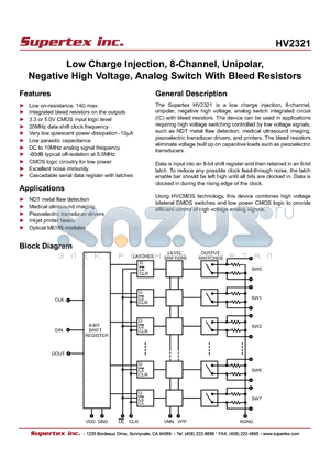 HV2321 datasheet - Low Charge Injection, 8-Channel, Unipolar, Negative High Voltage, Analog Switch With Bleed Resistors