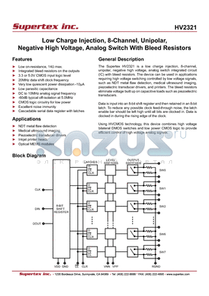 HV2321FG-G datasheet - Low Charge Injection, 8-Channel, Unipolar, Negative High Voltage, Analog Switch With Bleed Resistors