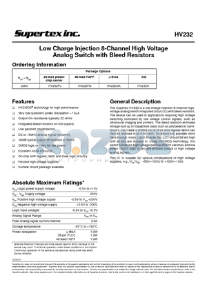 HV232GA datasheet - Low Charge Injection 8-Channel High Voltage Analog Switch with Bleed Resistors