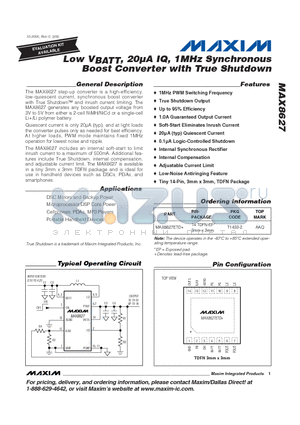 MAX8627 datasheet - Low VBATT, 20uA IQ, 1MHz Synchronous Boost Converter with True Shutdown