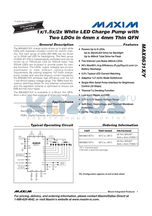 MAX8631YETI datasheet - 1x/1.5x/2x White LED Charge Pump with Two LDOs in 4mm x 4mm Thin QFN