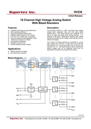 HV238FG datasheet - 16 Channel High Voltage Analog Switch With Bleed Resistors