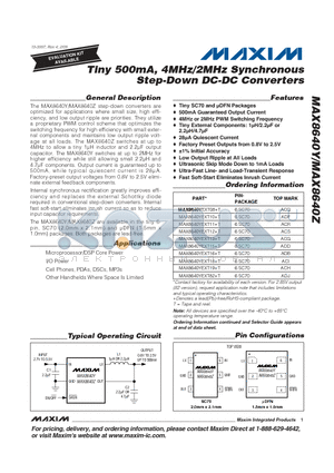 MAX8640Y datasheet - Tiny 500mA, 4MHz/2MHz Synchronous Step-Down DC-DC Converters