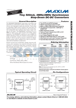 MAX8640Y datasheet - Tiny 500mA, 4MHz/2MHz Synchronous Step-Down DC-DC Converters