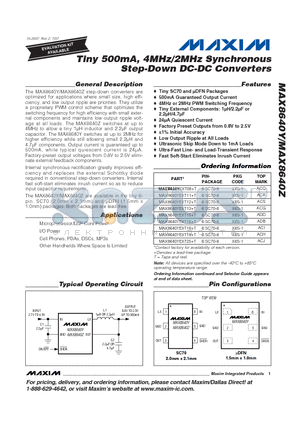 MAX8640Z datasheet - Tiny 500mA, 4MHz/2MHz Synchronous Step-Down DC-DC Converters
