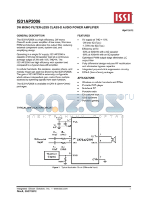 IS31AP2006 datasheet - 3W MONO FILTER-LESS CLASS-D AUDIO POWER AMPLIFIER