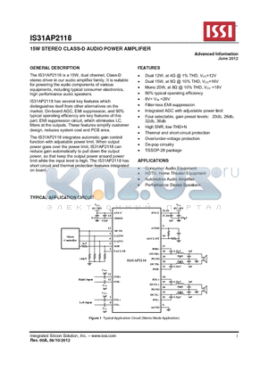 IS31AP2118 datasheet - 15W STEREO CLASS-D AUDIO POWER AMPLIFIER