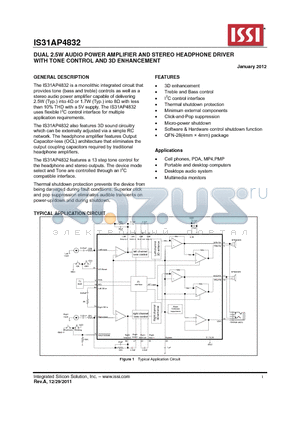 IS31AP4832 datasheet - DUAL 2.5W AUDIO POWER AMPLIFIER AND STEREO HEADPHONE DRIVER