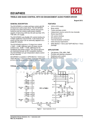IS31AP4833 datasheet - TREBLE AND BASS CONTROL WITH 3D ENHANCEMENT AUDIO POWER DRIVER
