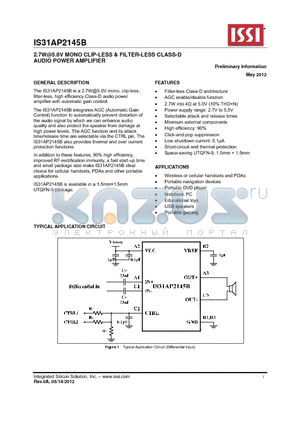 IS31AP2145B datasheet - 2.7W@5.0V MONO CLIP-LESS & FILTER-LESS CLASS-D