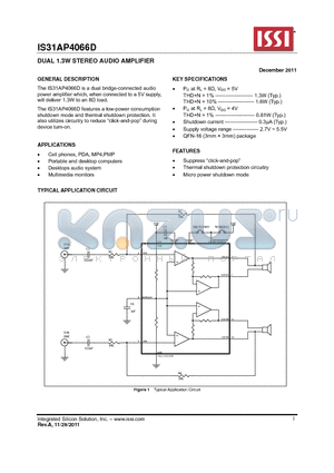 IS31AP4066D datasheet - DUAL 1.3W STEREO AUDIO AMPLIFIER