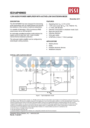 IS31AP4990D datasheet - 1.2W AUDIO POWER AMPLIFIER WITH ACTIVE-LOW SHUTDOWN MODE