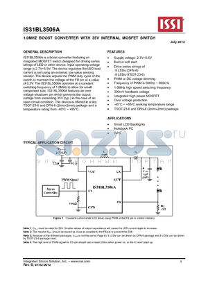 IS31BL3506A datasheet - 1.0MHZ BOOST CONVERTER WITH 35V INTERNAL MOSFET SWITCH