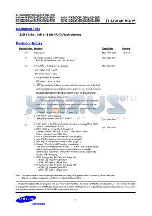 K9F5608U0B-YCB0 datasheet - 32M x 8 Bit , 16M x 16 Bit NAND Flash Memory