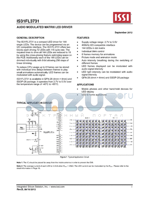 IS31FL3731 datasheet - AUDIO MODULATED MATRIX LED DRIVER