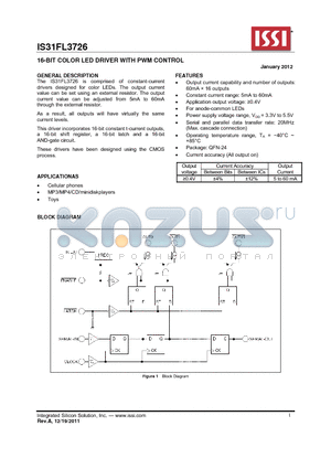 IS31FL3726 datasheet - 16-BIT COLOR LED DRIVER WITH PWM CONTROL