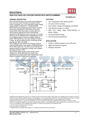 IS31LT3918 datasheet - HIGH VOLTAGE LED LIGHTING DRIVER WITH SWITCH DIMMING