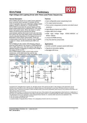 IS31LT3938 datasheet - High Voltage LED Lighting Driver with Three Level Power Sequencing