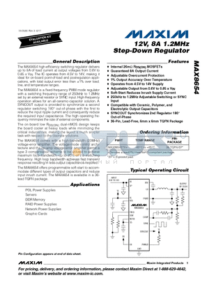 MAX8654 datasheet - 12V, 8A 1.2MHz Step-Down Regulator Operates from 4.5V to 14V Supply