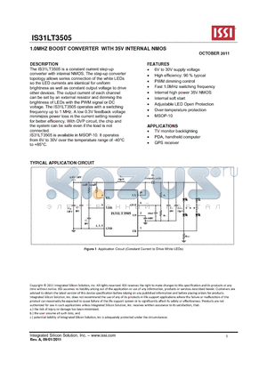 IS31LT3505 datasheet - 1.0MHZ BOOST CONVERTER WITH 35V INTERNAL NMOS