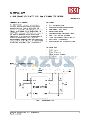 IS31PW3500 datasheet - 1.1MHZ BOOST CONVERTER WITH 30V INTERNAL FET SWITCH