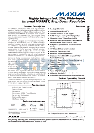 MAX8655 datasheet - Highly Integrated, 25A, Wide-Input Internal MOSFET, Step-Down Regulator