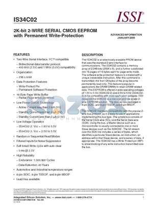 IS34C02 datasheet - 2K-bit 2-WIRE SERIAL CMOS EEPROM with Permanent Write-Protection