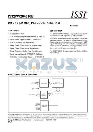 IS32WV204816B-70BI datasheet - 2M x 16 (32-Mbit) PSEUDO STATIC RAM