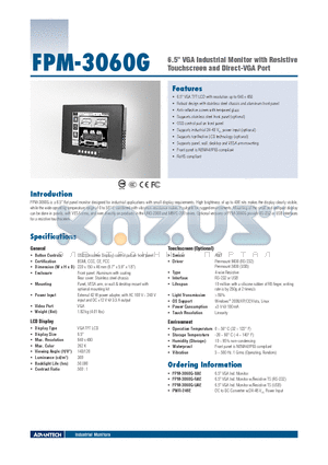 PWR-246E datasheet - 6.5 VGA Industrial Monitor with Resistive Touchscreen and Direct-VGA Port