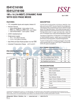 IS41C16100 datasheet - 1M x 16 (16-MBIT) DYNAMIC RAM WITH EDO PAGE MODE