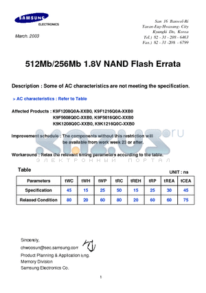 K9F5608U0C-HCB0 datasheet - 512Mb/256Mb 1.8V NAND Flash Errata