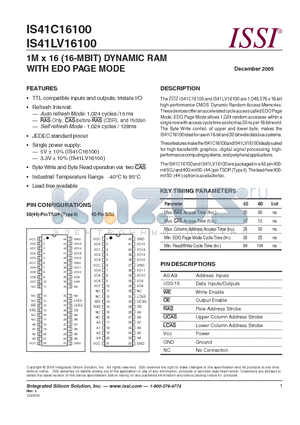 IS41C16100-50K datasheet - 1M x 16 (16-MBIT) DYNAMIC RAM WITH EDO PAGE MODE