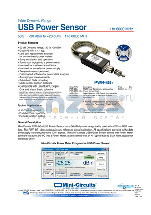 PWR-6G datasheet - USB Power Sensor 50Y -30 dBm to 20 dBm, 1 to 6000 MHz