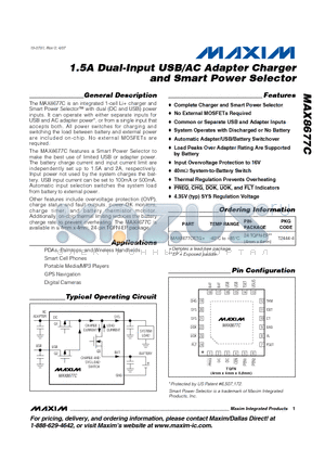 MAX8677CETG datasheet - 1.5A Dual-Input USB/AC Adapter Charger and Smart Power Selector