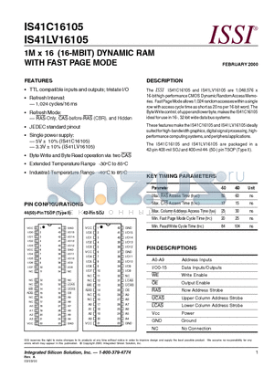 IS41C16105-60KI datasheet - 1M x 16 (16-MBIT) DYNAMIC RAM WITH FAST PAGE MODE