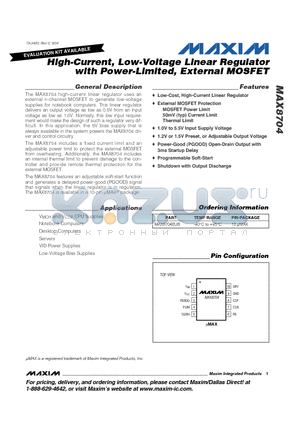 MAX8704 datasheet - High-Current, Low-Voltage Linear Regulator with Power-Limited, External MOSFET