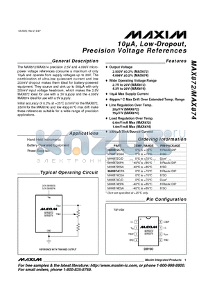 MAX872-MAX874 datasheet - 10lA, Low-Dropout, Precision Voltage References