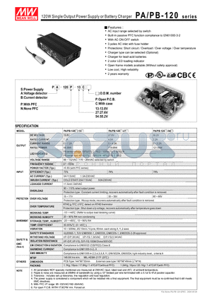 PA-120P27CM datasheet - 120W Single Output Power Supply or Battery Charger