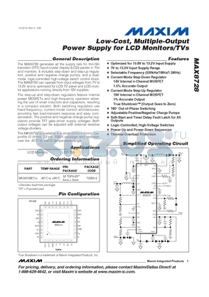 MAX8728ETJ+ datasheet - Low-Cost, Multiple-Output Power Supply for LCD Monitors/TVs