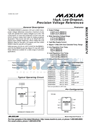 MAX872CPA datasheet - 10lA, Low-Dropout, Precision Voltage References