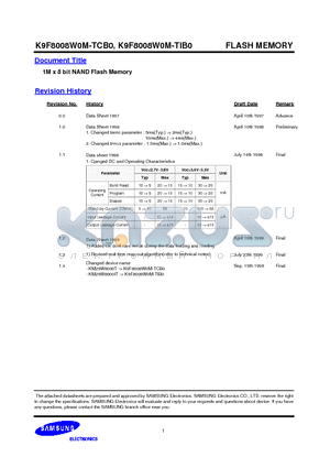 K9F8008W0M-TIB0 datasheet - 1M x 8 bit NAND Flash Memory