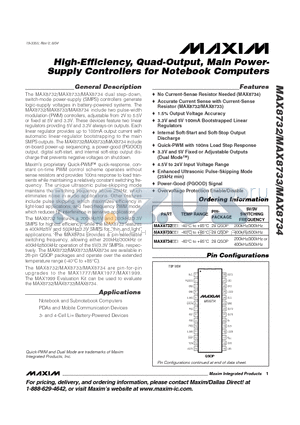 MAX8733 datasheet - High-Efficiency, Quad-Output, Main Power-Supply Controllers for Notebook Computers