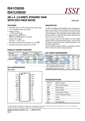 IS41C8200 datasheet - 2M x 8 (16-MBIT) DYNAMIC RAM WITH EDO PAGE MODE