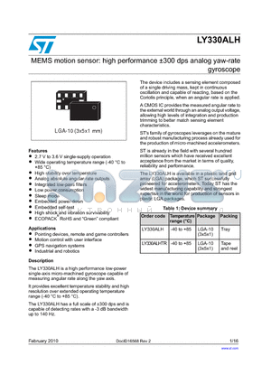 LY330ALHTR datasheet - MEMS motion sensor: high performance a300 dps analog yaw-rate gyroscope