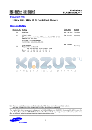 K9K1G08Q0A datasheet - 128M x 8 Bit / 64M x 16 Bit NAND Flash Memory