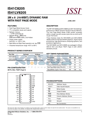 IS41C8205-50J datasheet - 2M x 8 (16-MBIT) DYNAMIC RAM WITH FAST PAGE MODE