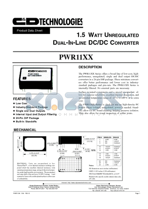 PWR1108 datasheet - 1.5 WATT UNREGULATED DUAL-IN-LINE DC/DC CONVERTER