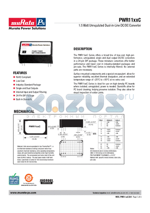 PWR1102C datasheet - 1.5 Watt Unregulated Dual-in-Line DC/DC Converter